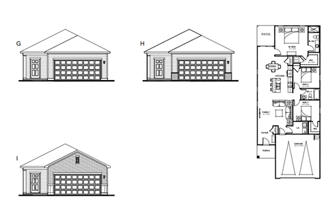 three floor plans of a house with a garage